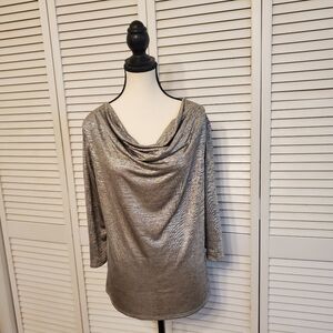 Kim & Cami Metallic Silver Draped Neck Top, Size Large